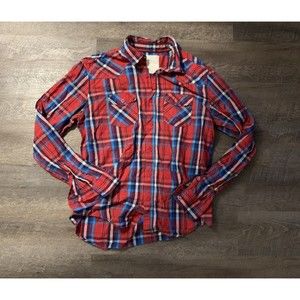 American Eagle Men's Red Longsleeve Button Up Shirt Size Medium